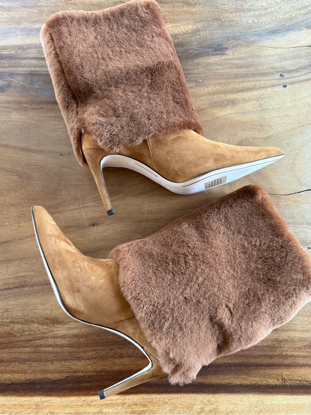 Alexandre Birman Chestnut Suede Pointed-Toe Stiletto Boots with Faux-Fur Cuff